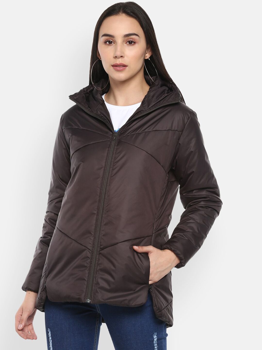LAMOURE BY RED CHIEF Women Brown Water Resistant Longline Padded Jacket Price in India