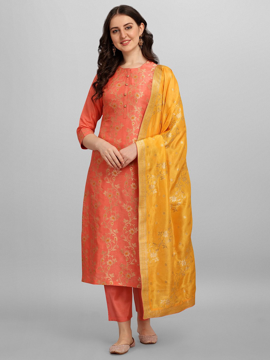 Seerat Women Orange Ethnic Motifs Pure Silk Kurta with Trousers & With Dupatta Price in India