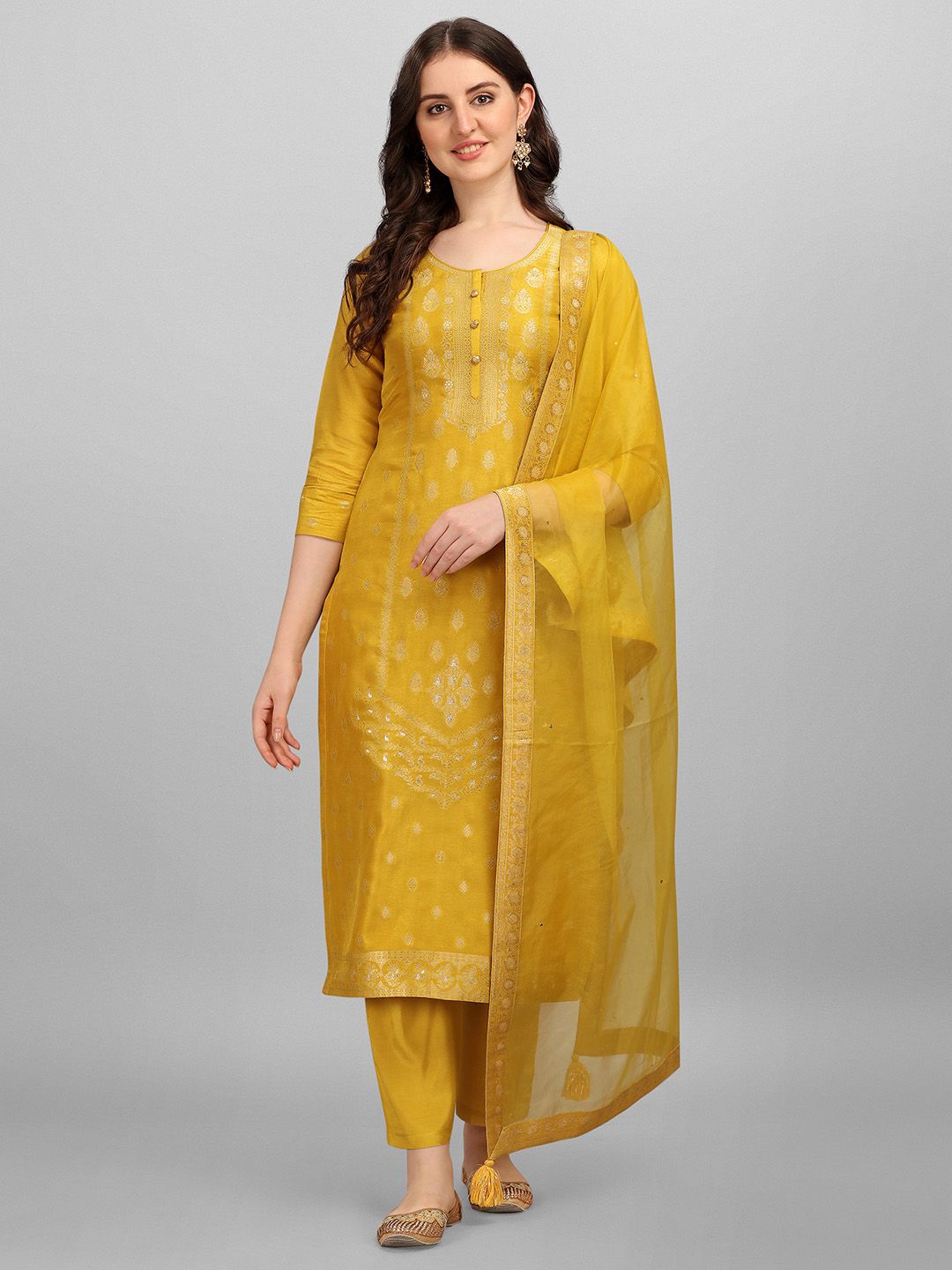 Seerat Women Mustard Yellow Ethnic Motifs Regular Pure Silk Kurta with Salwar & With Dupatta Price in India