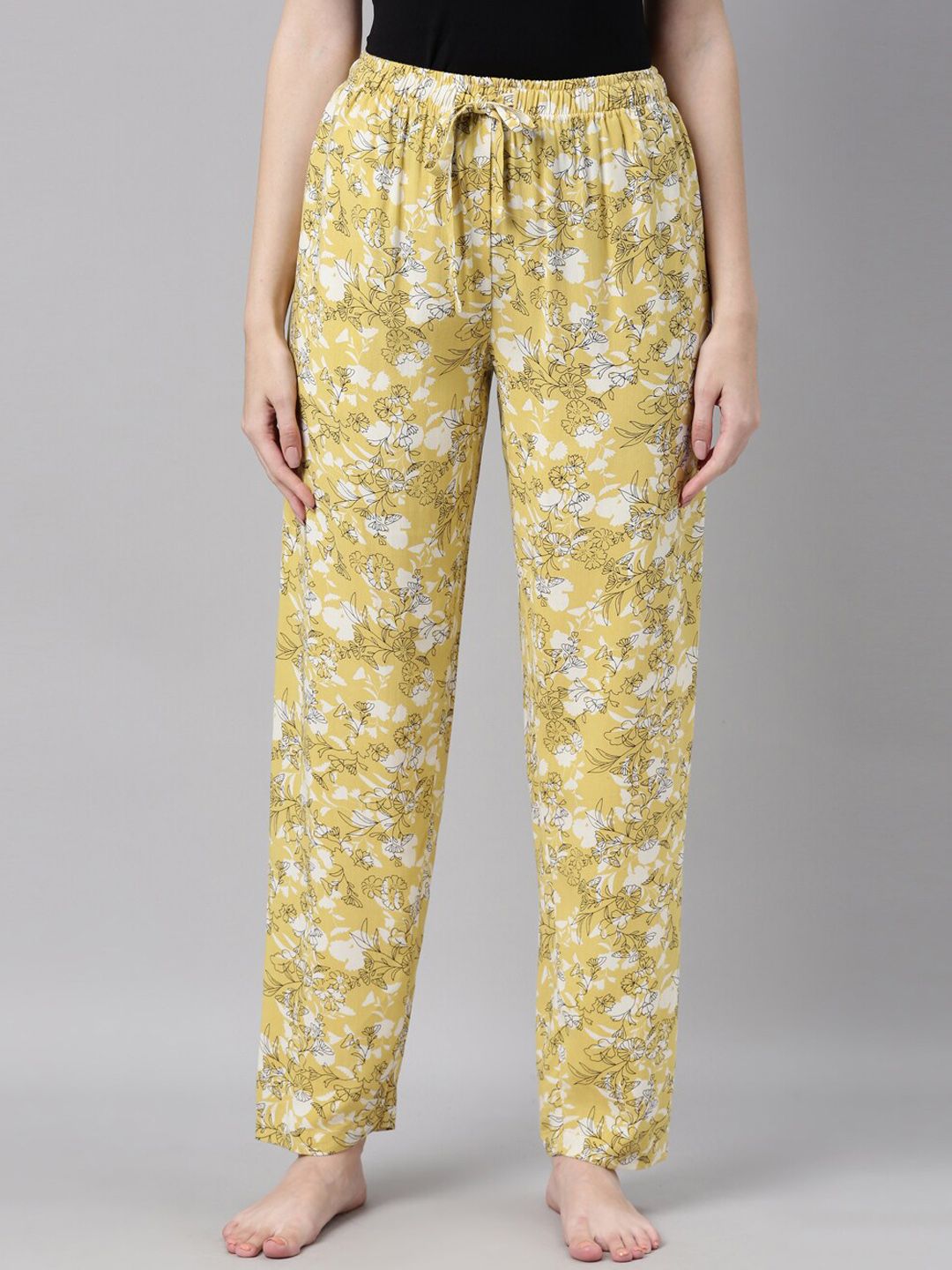 Go Colors Women Yellow & White Printed Cotton Lounge Pants Price in India