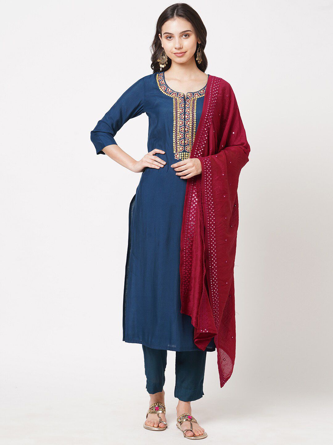 KAMI KUBI Blue & Maroon Embroidered Art Silk Unstitched Dress Material Price in India