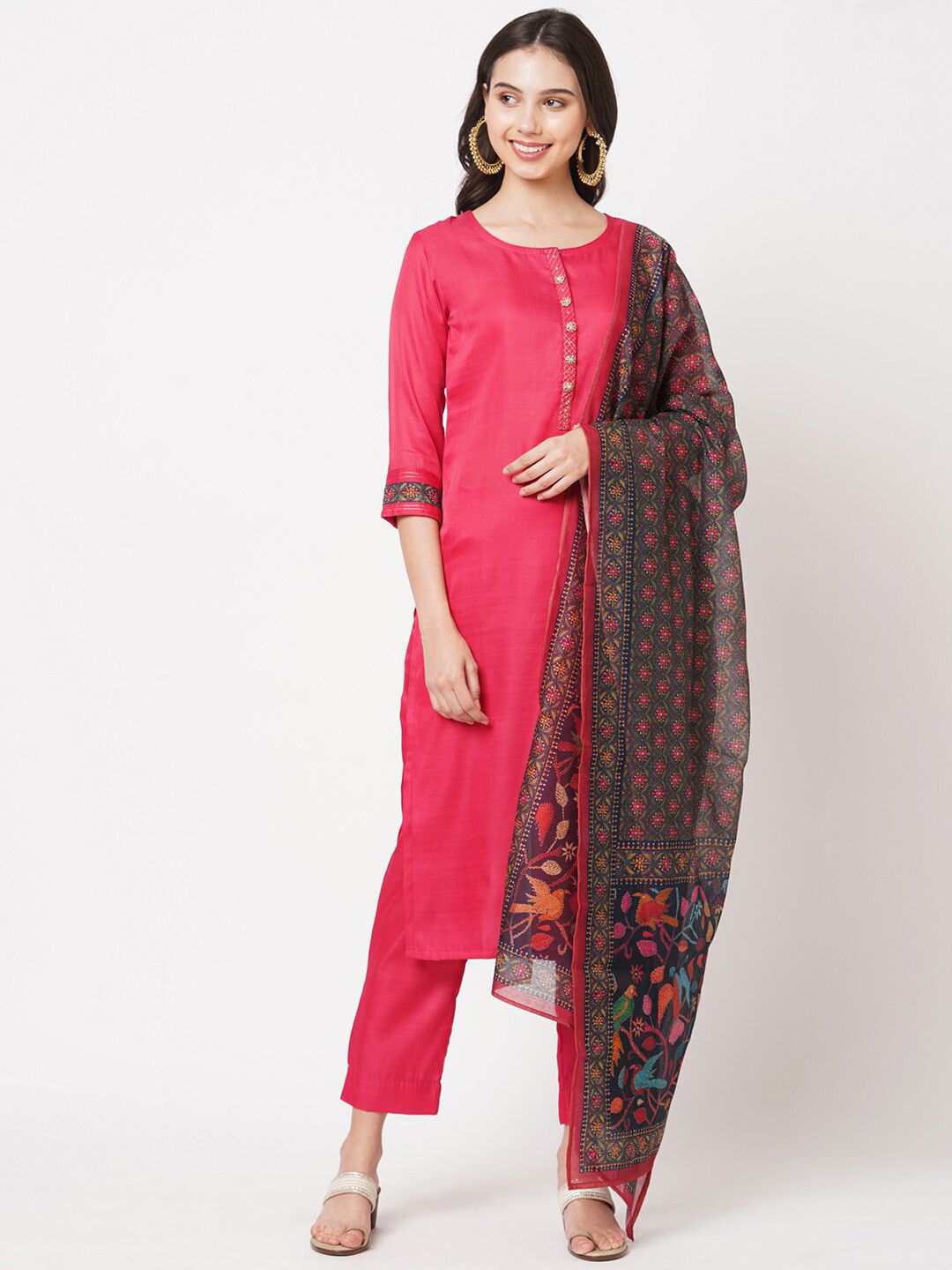 KAMI KUBI Pink & Black Art Silk Unstitched Dress Material Price in India