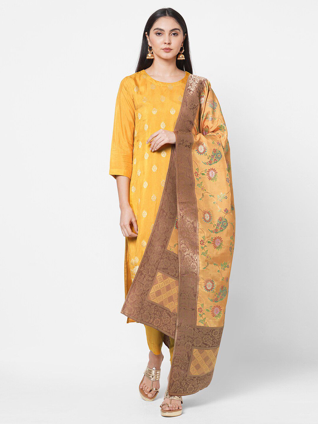 KAMI KUBI Women Yellow Woven Designed Unstitched Dress Material Price in India