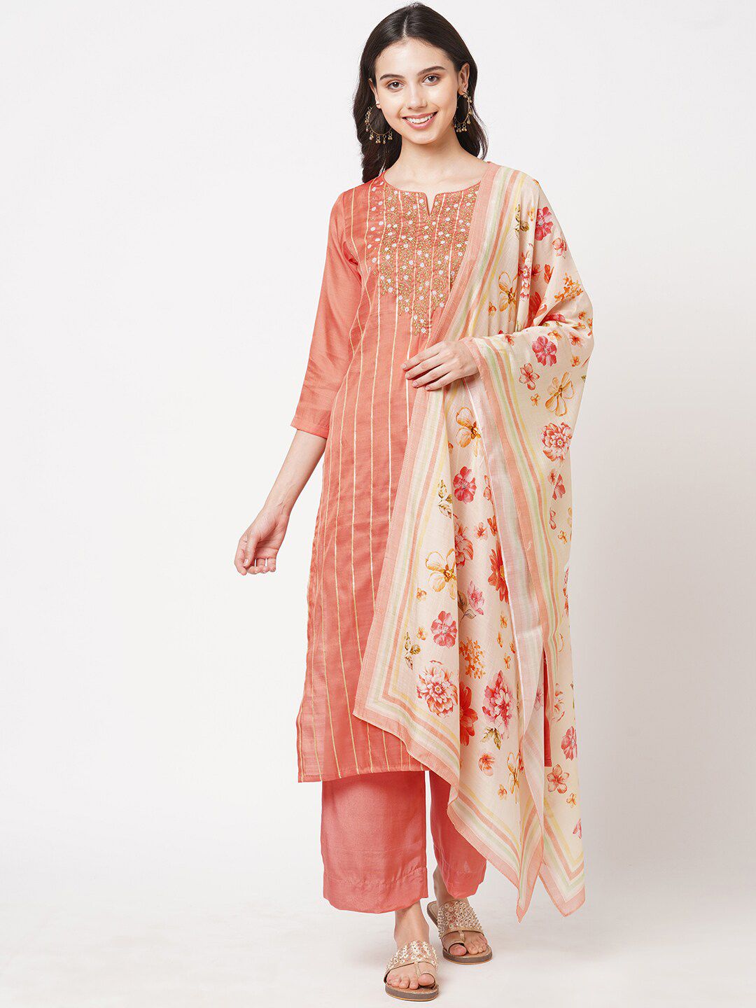 KAMI KUBI Peach-Coloured & Red Embroidered Art Silk Unstitched Dress Material Price in India