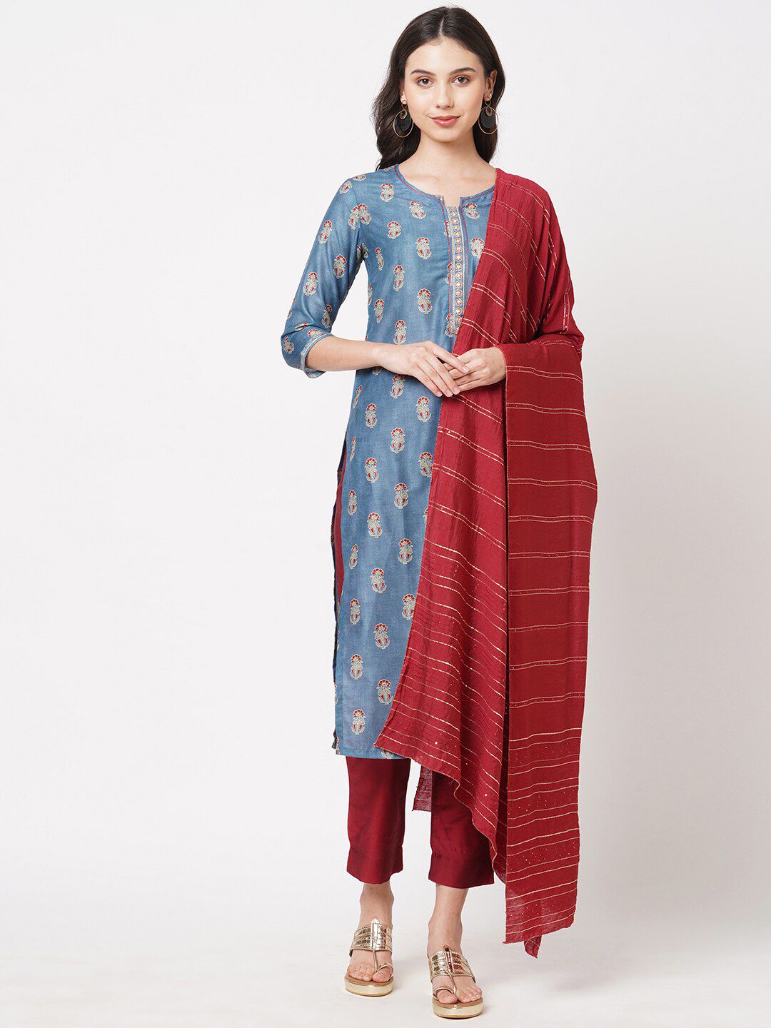 KAMI KUBI Blue & Maroon Printed Art Silk Unstitched Dress Material Price in India