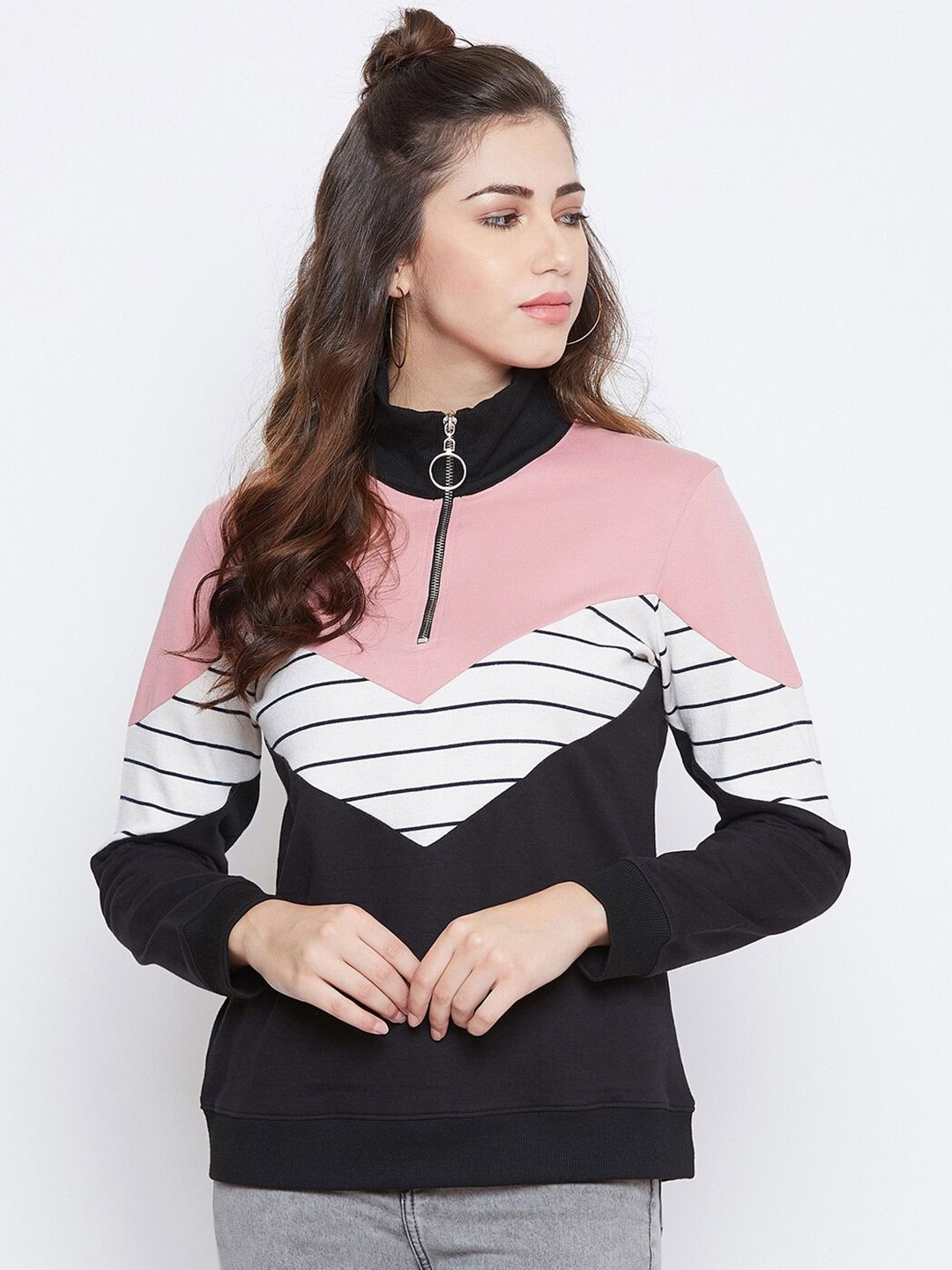 Austin wood Women Pink & Black Colourblocked Cotton Sweatshirt Price in India