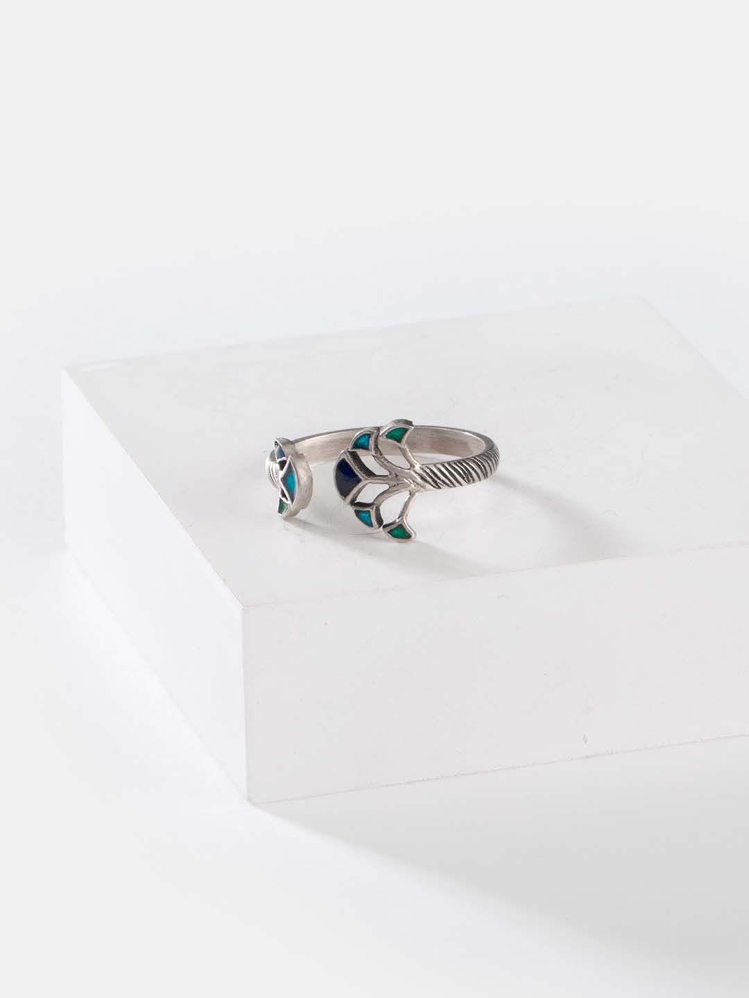 SHAYA 925 Silver-Toned & Blue Enamelled Finger Ring Price in India