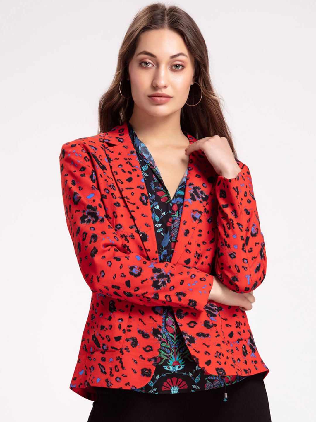 SHAYE Women Red Abstract Printed Tailored Jacket Price in India