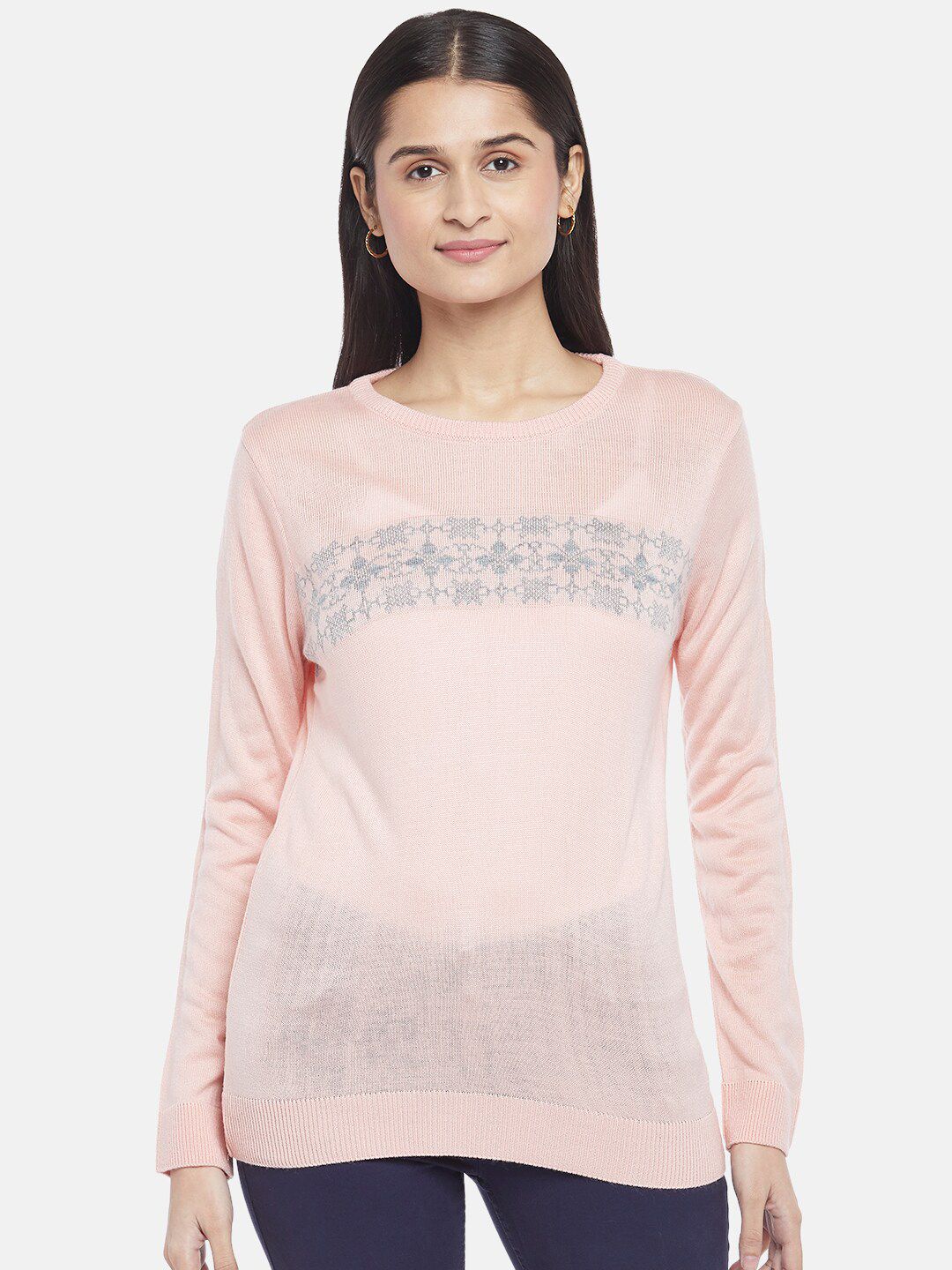 Honey by Pantaloons Women Peach-Coloured & Grey Printed Pure Acrylic Pullover Sweater Price in India