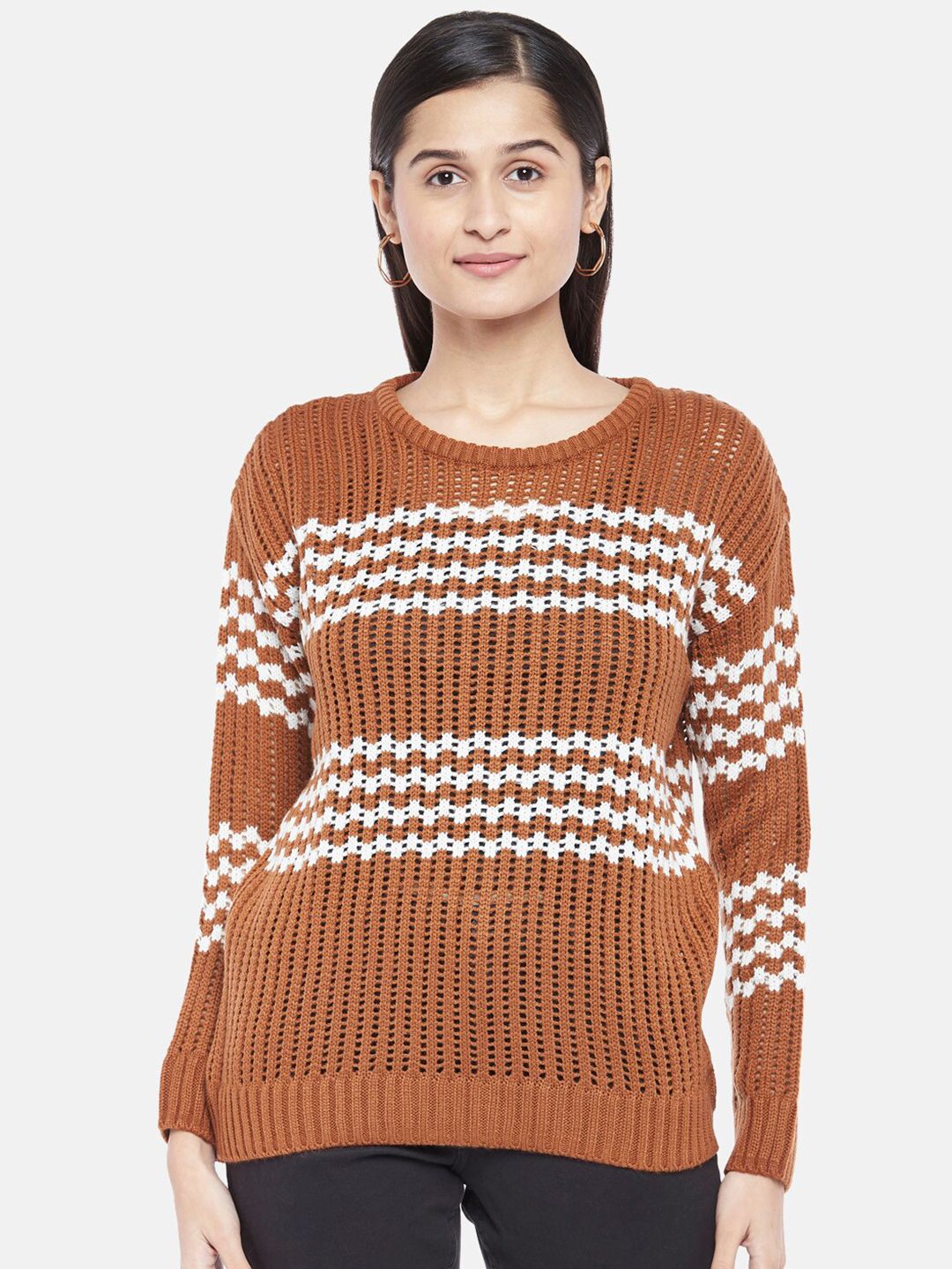 Honey by Pantaloons Women Brown & White Acrylic Pullover Price in India