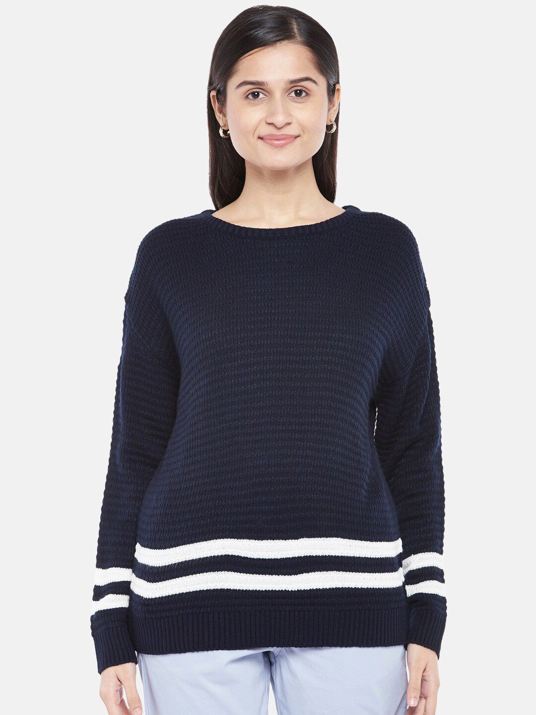 Honey by Pantaloons Women Navy Blue & White Pure Acrylic Pullover Sweater Price in India