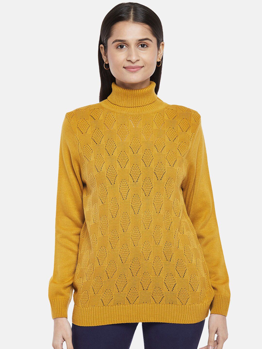 Honey by Pantaloons Women Mustard Self Designed Acrylic Pullover Sweater Price in India