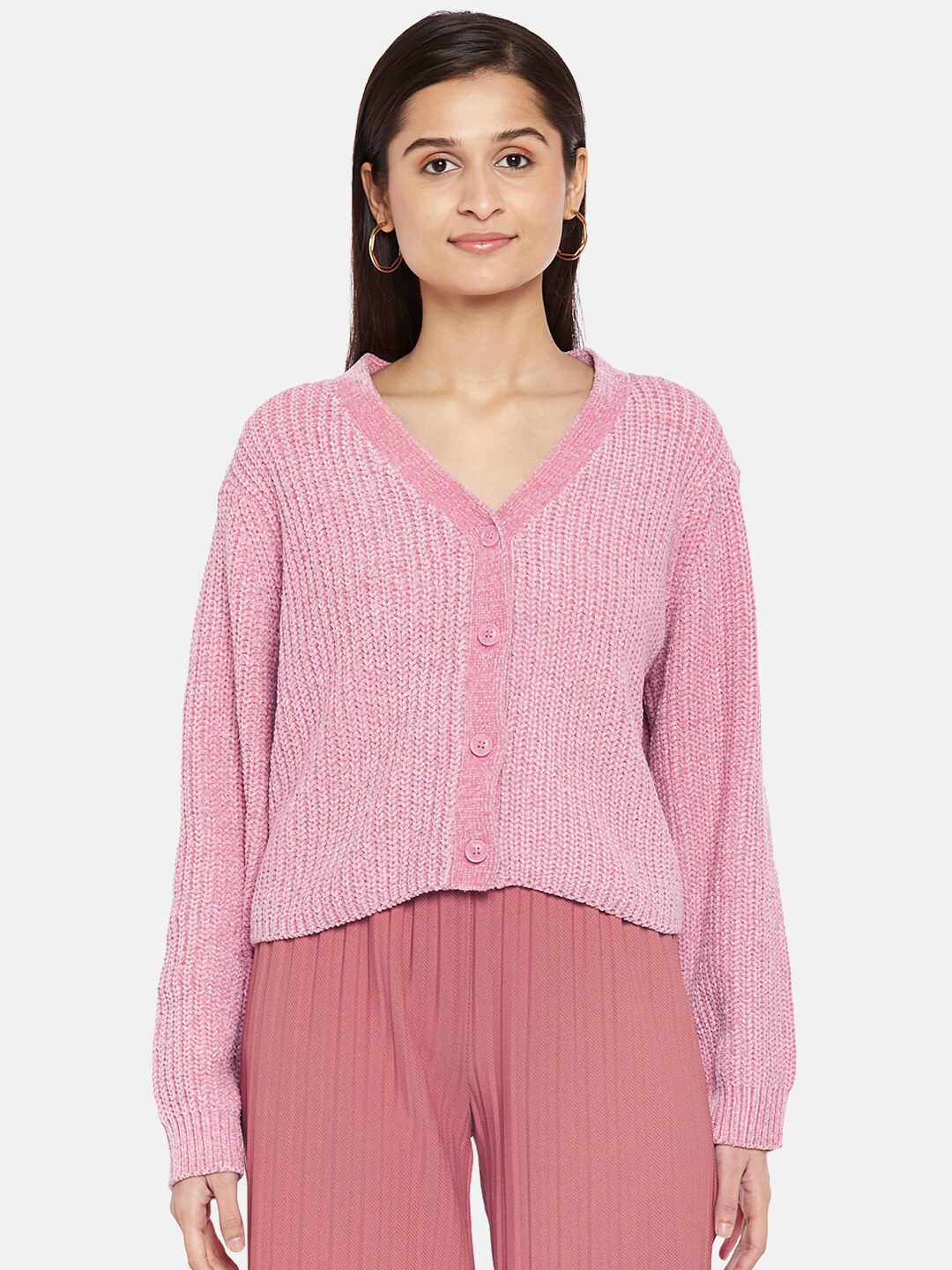 Honey by Pantaloons Women Pink Ribbed Cardigan Price in India