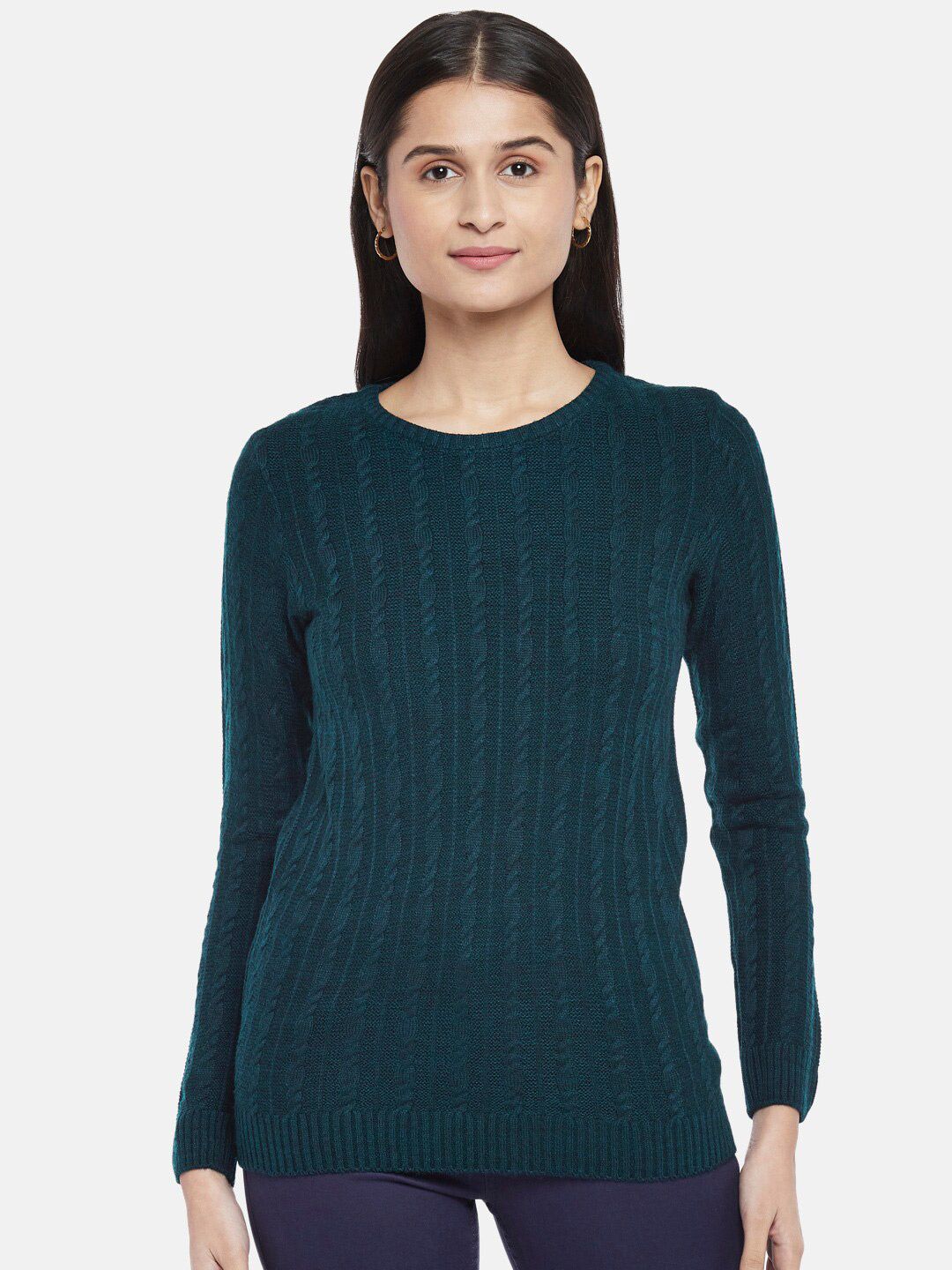 Honey by Pantaloons Women Teal Cable Knit Acrylic Pullover Price in India