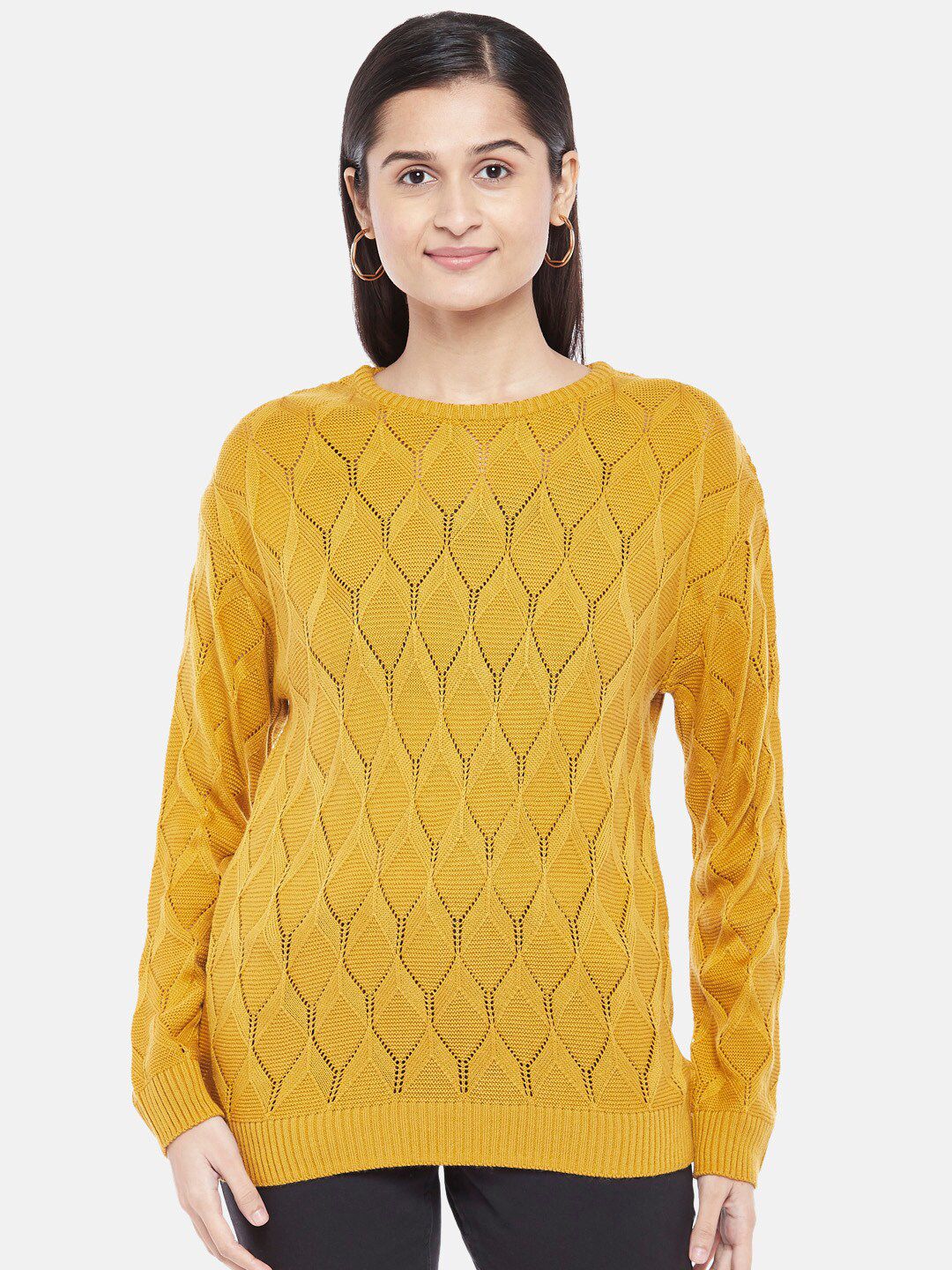 Honey by Pantaloons Women Mustard Yellow Pure Acrylic Pullover Sweater Price in India