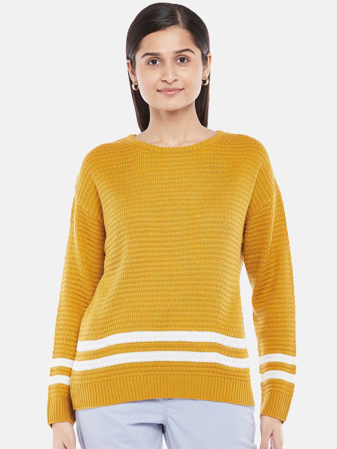 Honey by Pantaloons Women Yellow Striped Pullover Sweater Price in India