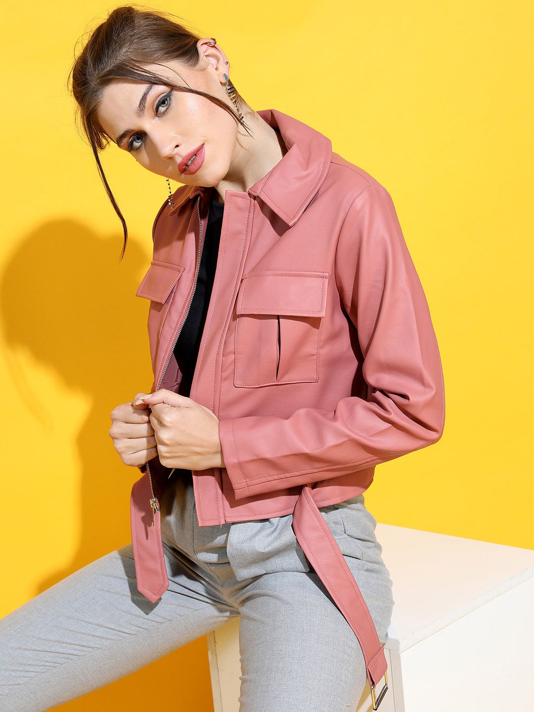 Tokyo Talkies Women Rose Leather Crop Tailored Jacket Price in India