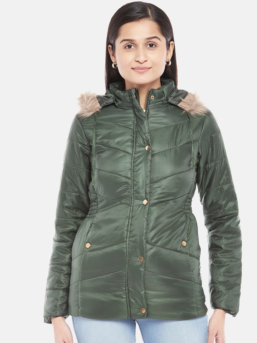 People Women Green Longline Puffer Jacket Price in India