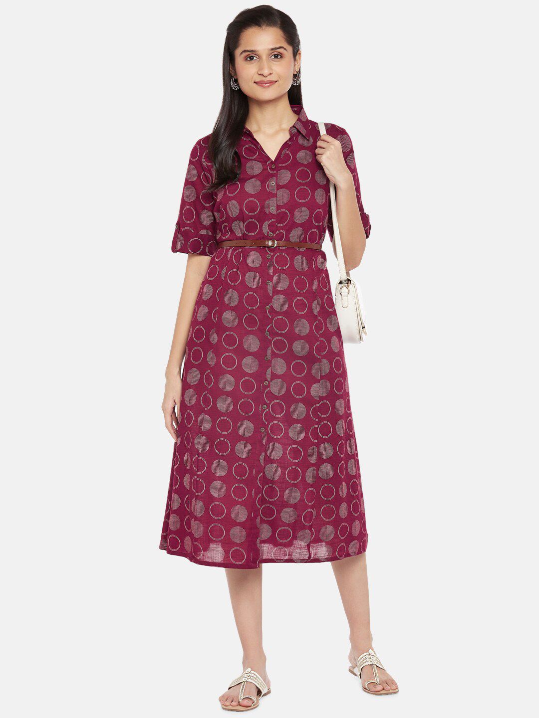 AKKRITI BY PANTALOONS Burgundy Pure Cotton Shirt Midi Dress Price in India