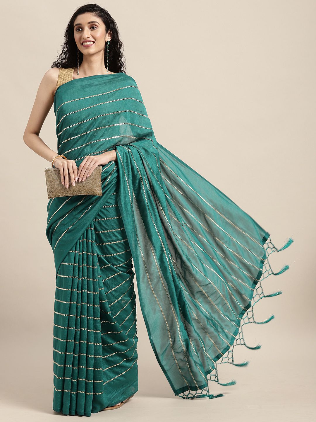 Mitera Teal Embellished Art Silk Saree Price in India