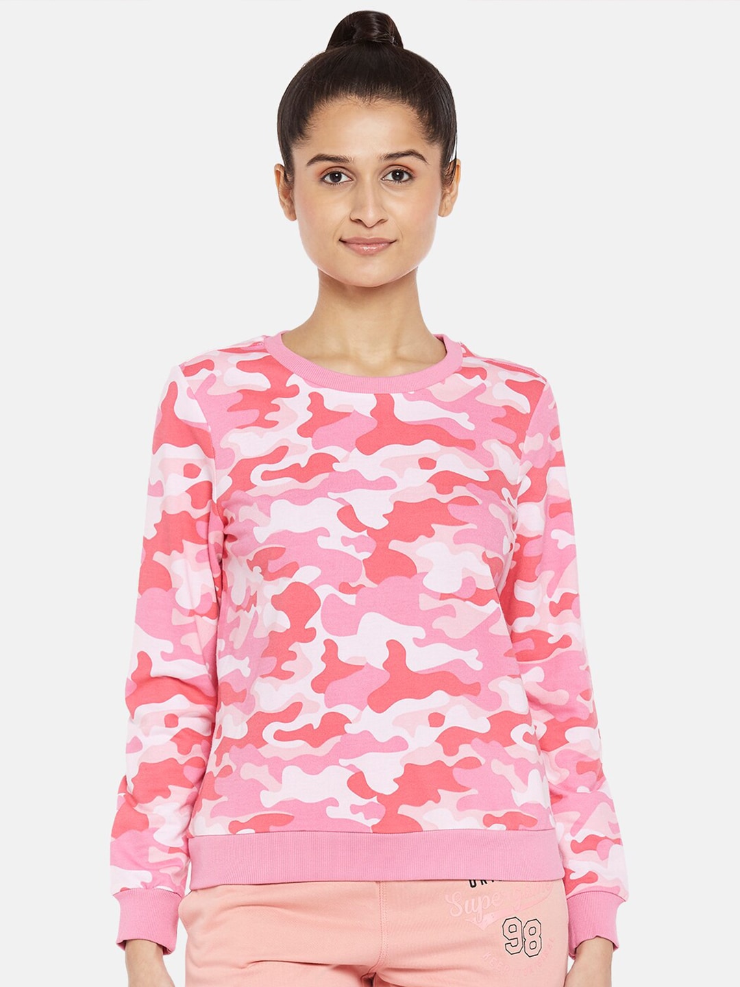 Ajile by Pantaloons Women Pink Camouflage Printed Pure Cotton Sweatshirt Price in India