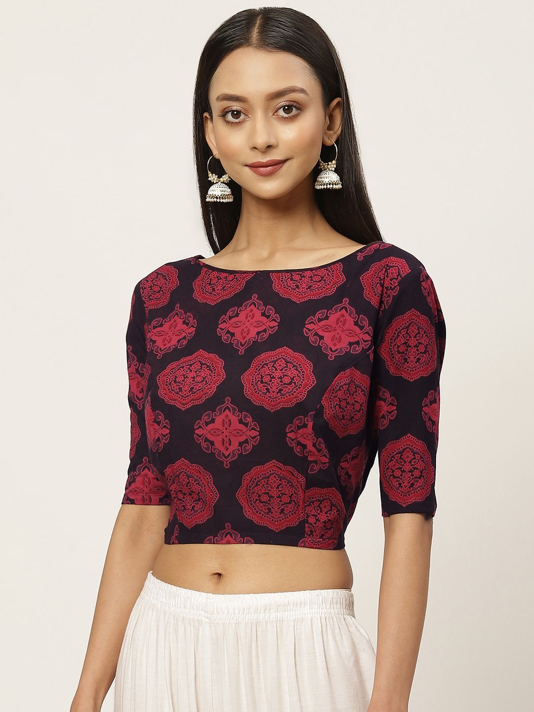 Studio Shringaar Women Red & Black Printed Pure Cotton Saree Blouse Price in India