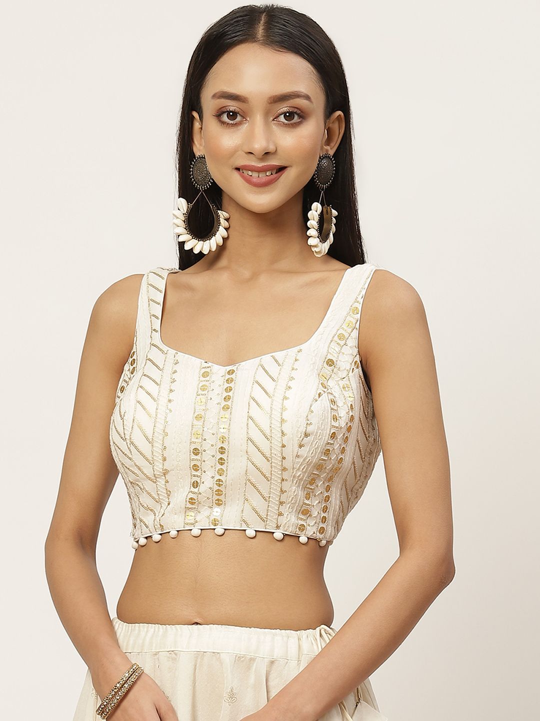 Studio Shringaar Women Off-White & Golden Sequinned Threadwork Detail Saree Blouse Price in India