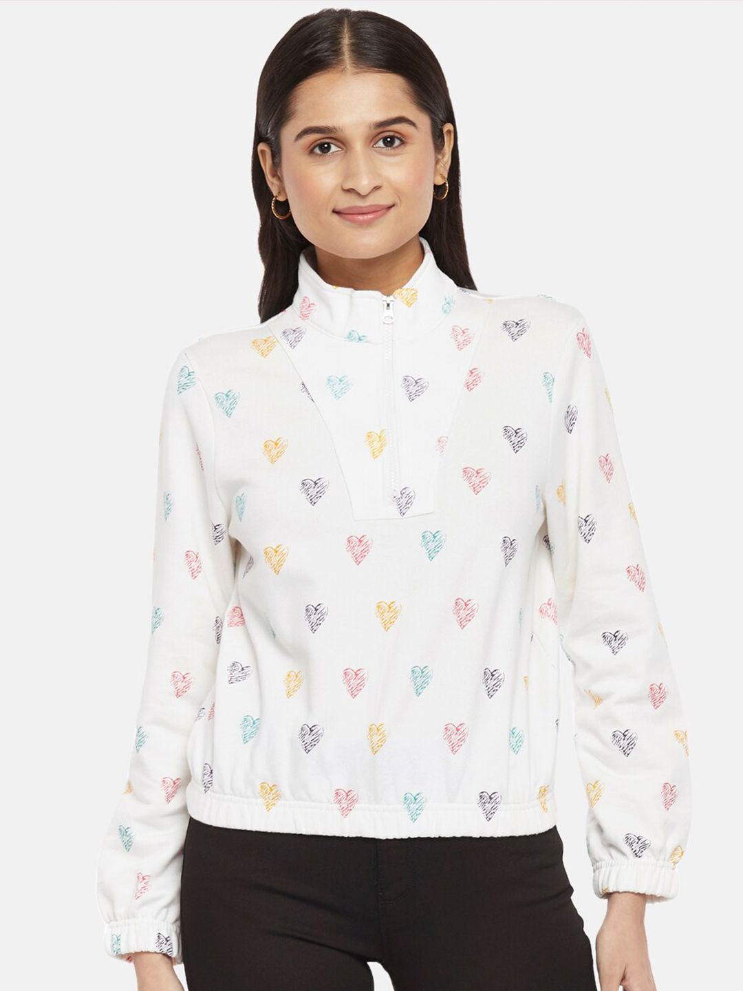 People Women Off White & Pink Printed Pure Cotton Sweatshirt Price in India