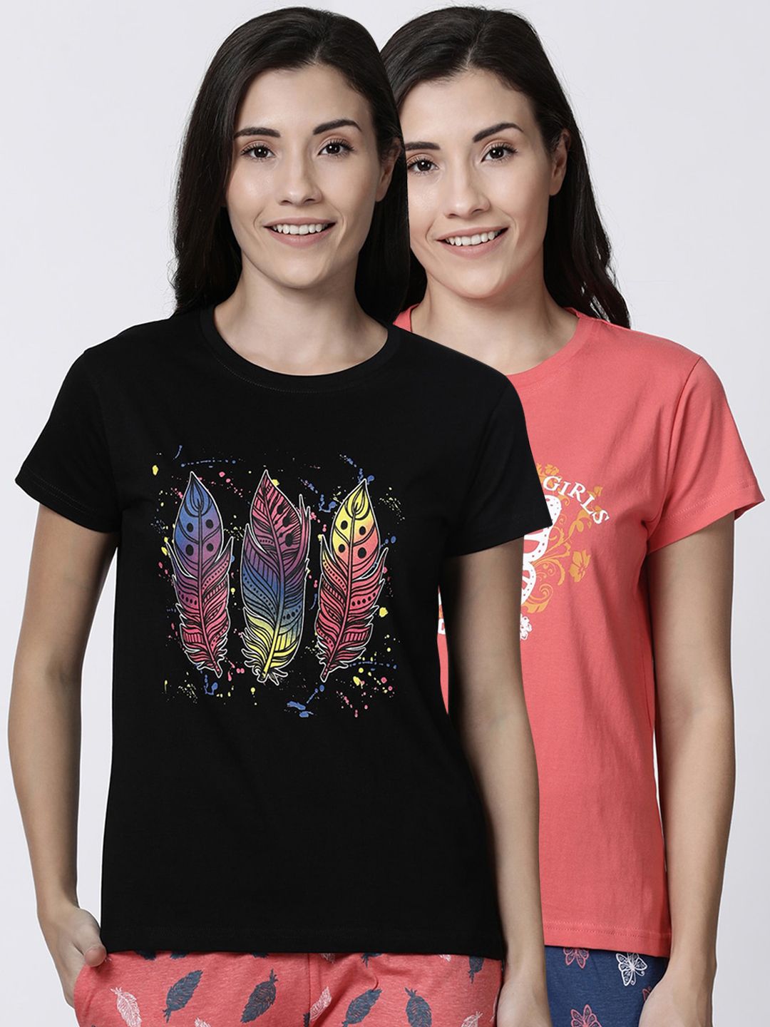 Kryptic Women Pack Of 2 Printed Pure Cotton Lounge  T-Shirts Price in India