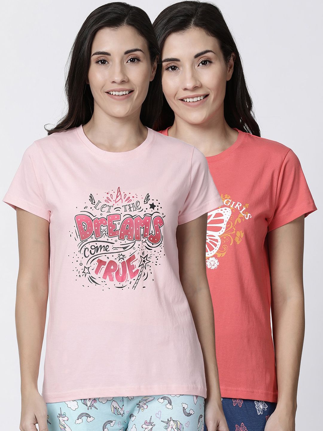 Kryptic Women Orange & Pink Pack Of 2 Printed Pure Cotton Lounge T-shirts Price in India