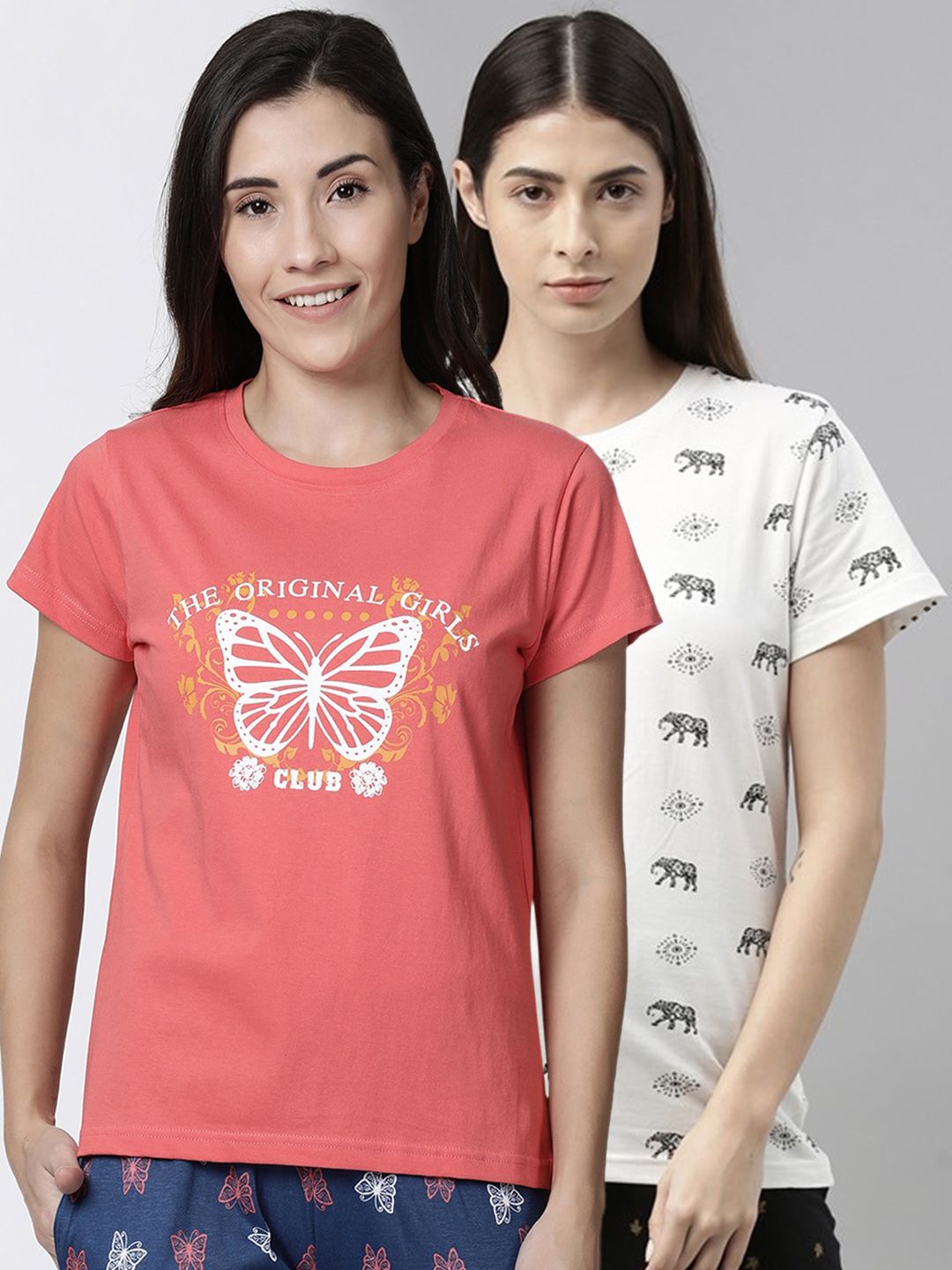 Kryptic Women Pack Of 2 Orange & Off-White Printed Pure Cotton Lounge T-shirts Price in India