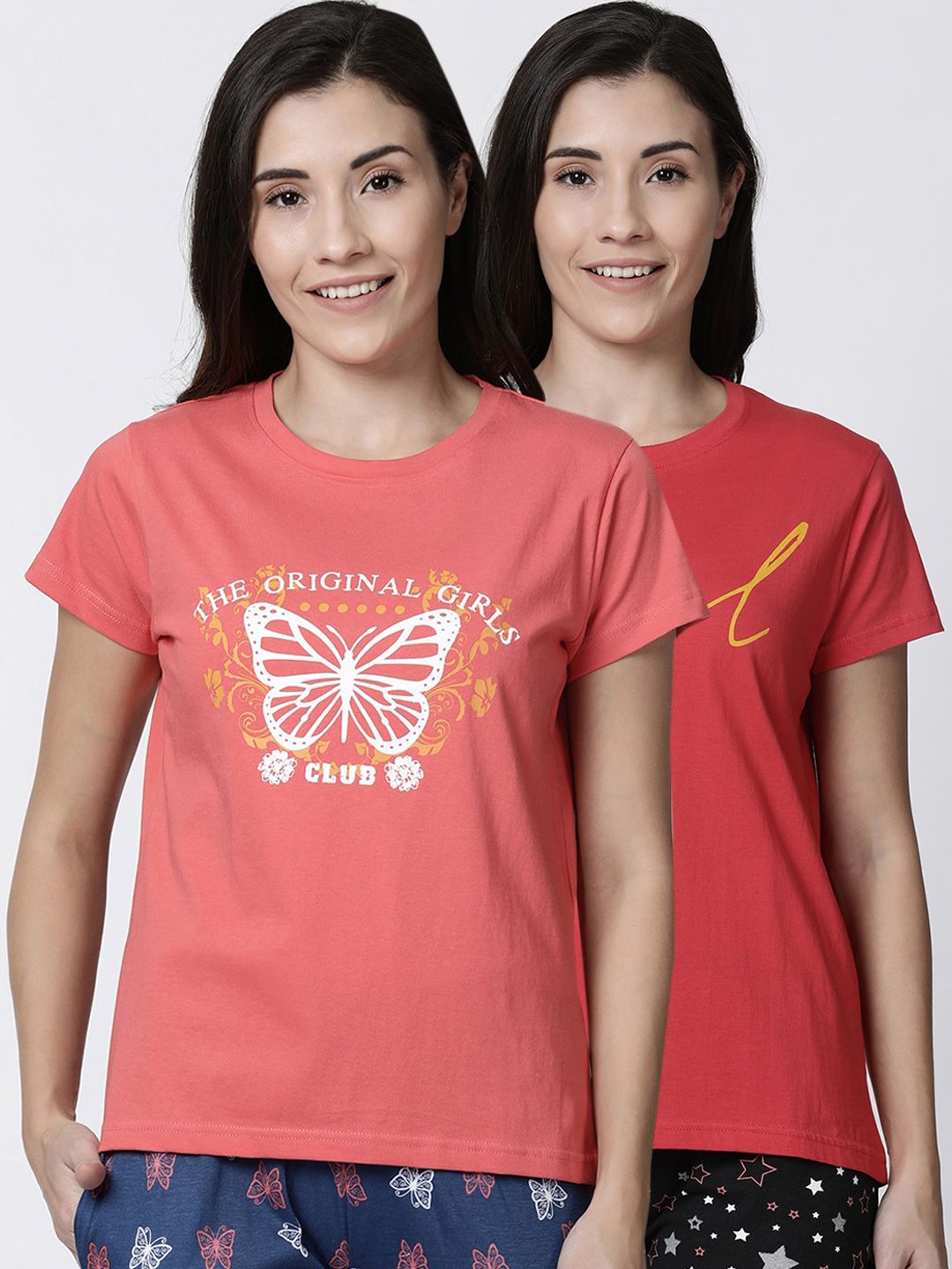 Kryptic Women Pack Of 2 Orange & Red Printed Pure Cotton Lounge T-shirts Price in India