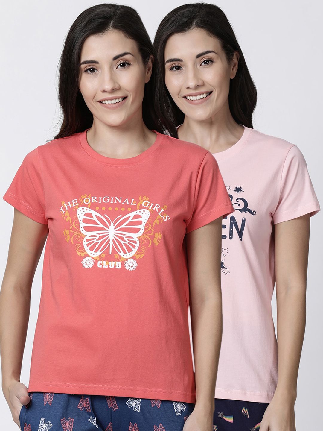 Kryptic Women Pack of 2 Orange & Pink Printed Pure Cotton Lounge T-Shirts Price in India