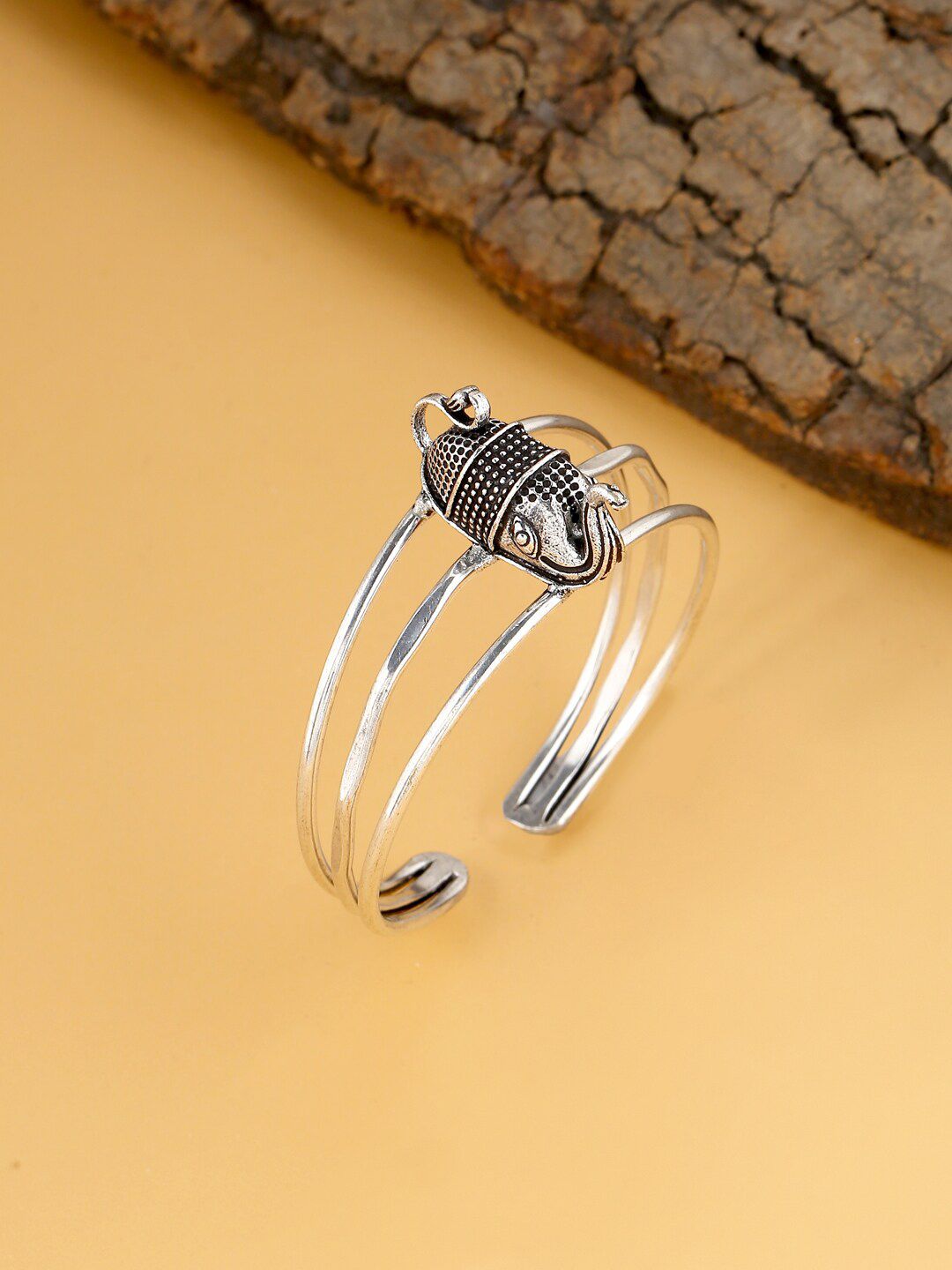 VIRAASI Women Silver-Toned & Black Elephant Design Brass Oxidised Cuff Bracelet Price in India