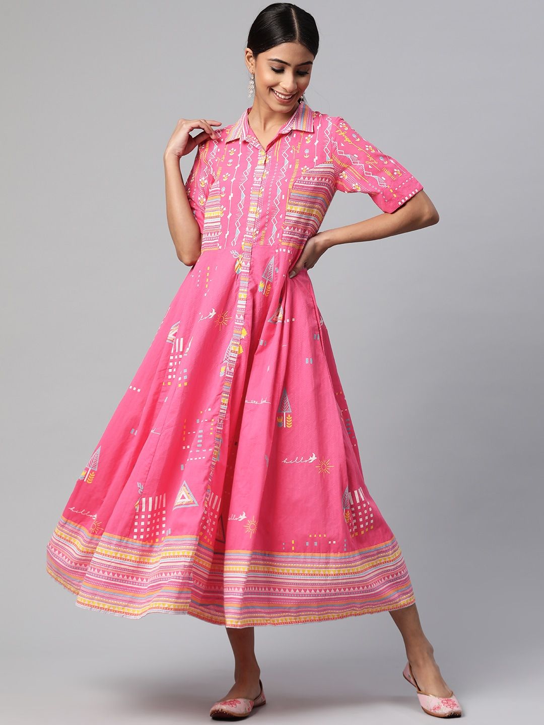 Rangriti Women Pink & Yellow Pure Cotton Ethnic Motifs A-Line Midi Dress Price in India