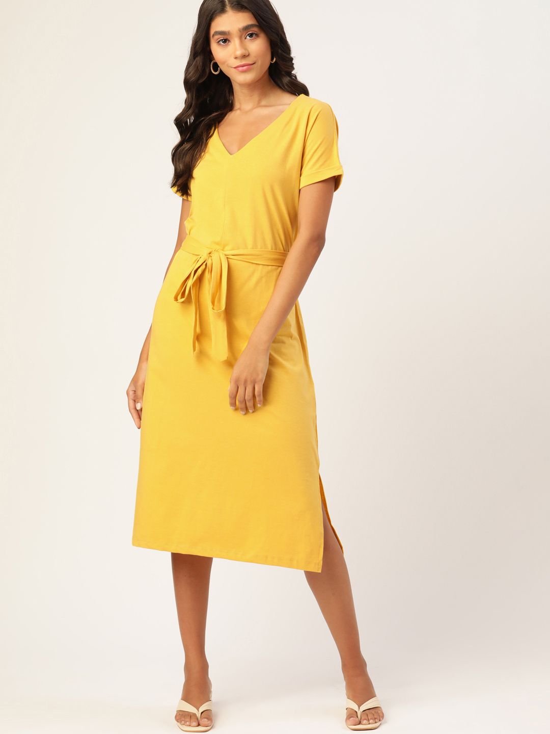 DressBerry Women Mustard Yellow Sustainable A-Line Dress with a Belt Price in India