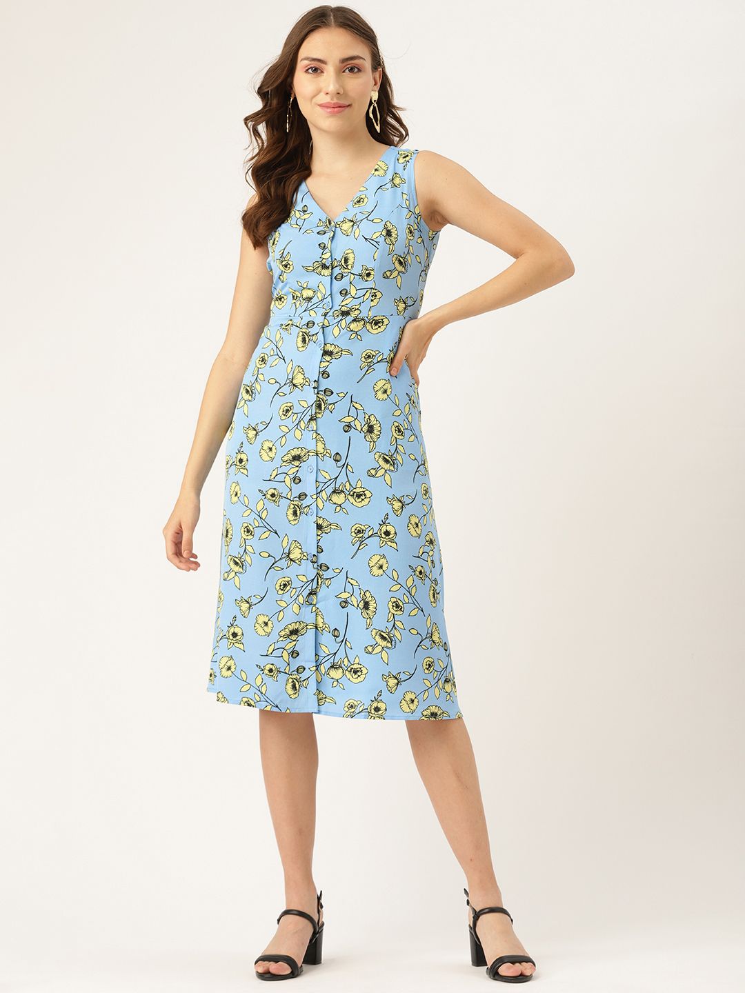 DressBerry Women Blue & Yellow Floral A-Line Midi Dress Price in India