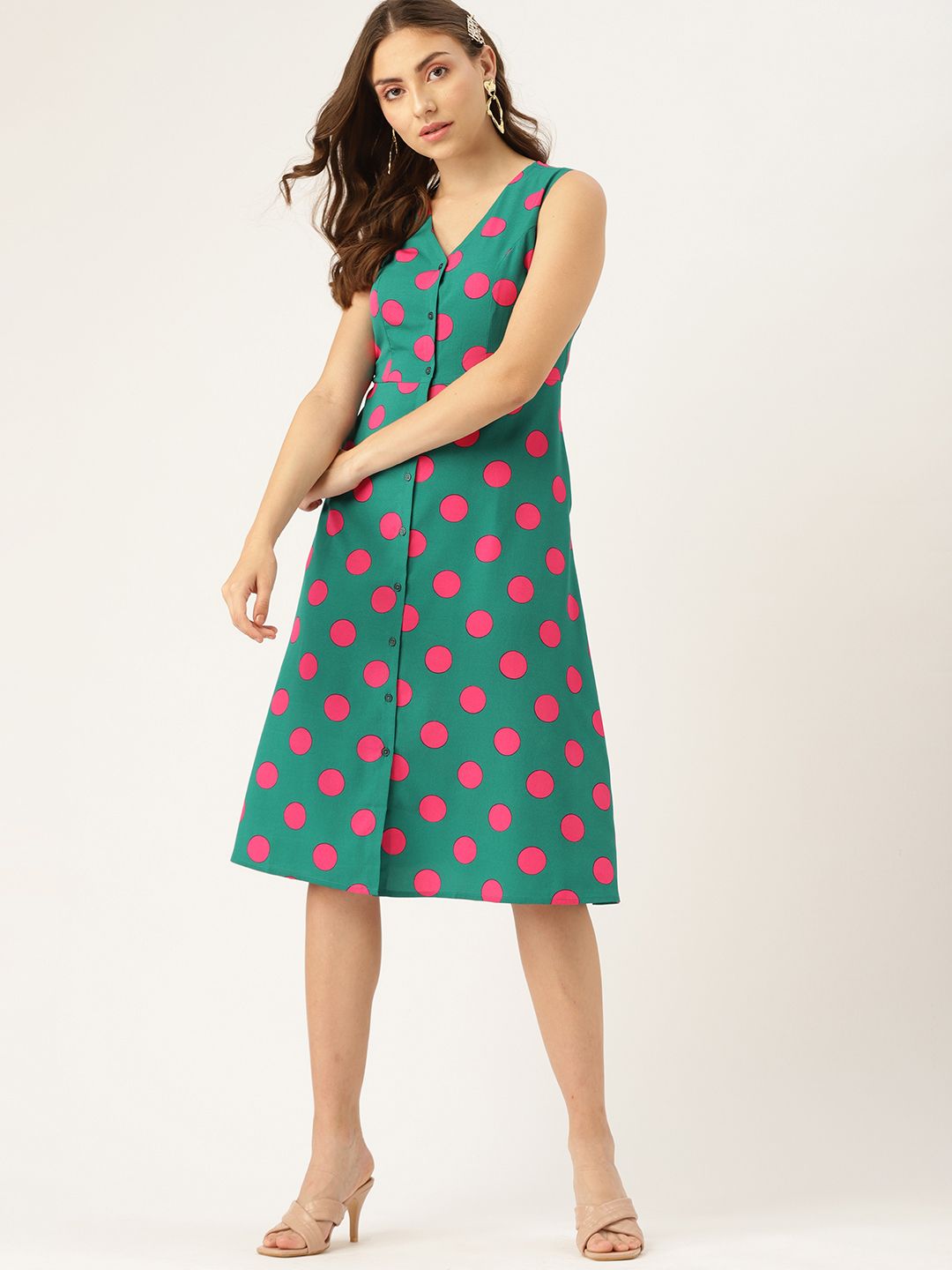 DressBerry Women Green & Pink Polka Dots Printed A-Line Midi Dress Price in India