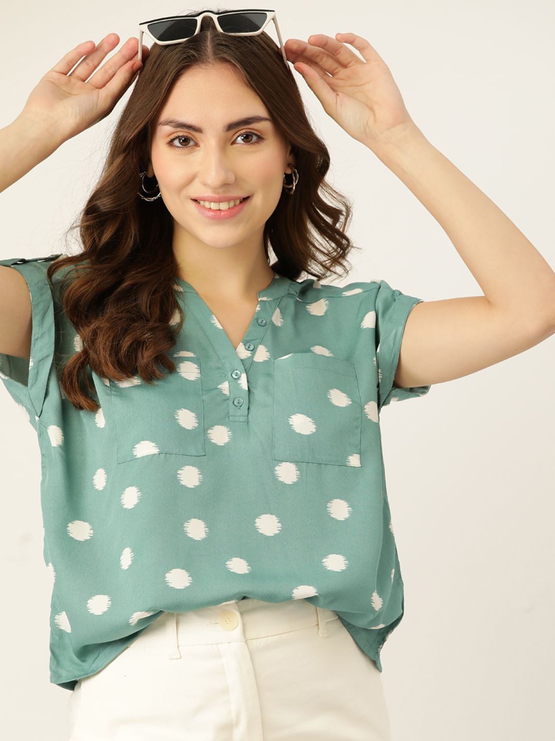 DressBerry Women Green & Off White Printed Boxy Top Price in India