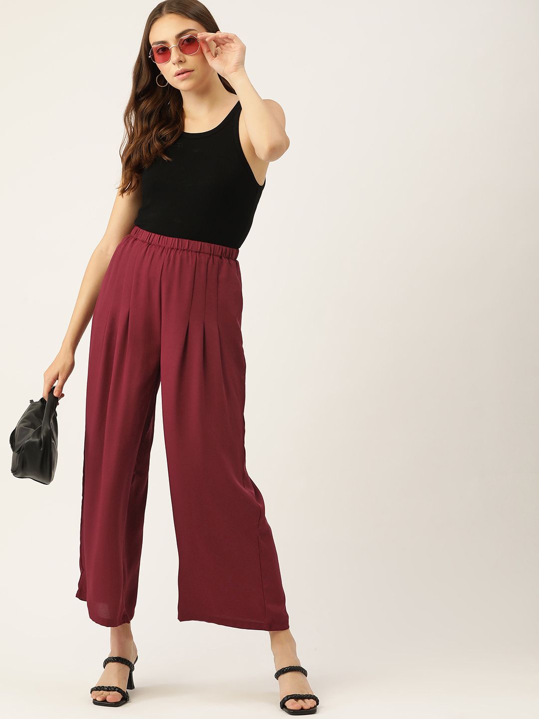 DressBerry Women Maroon Flared Pleated Trousers Price in India