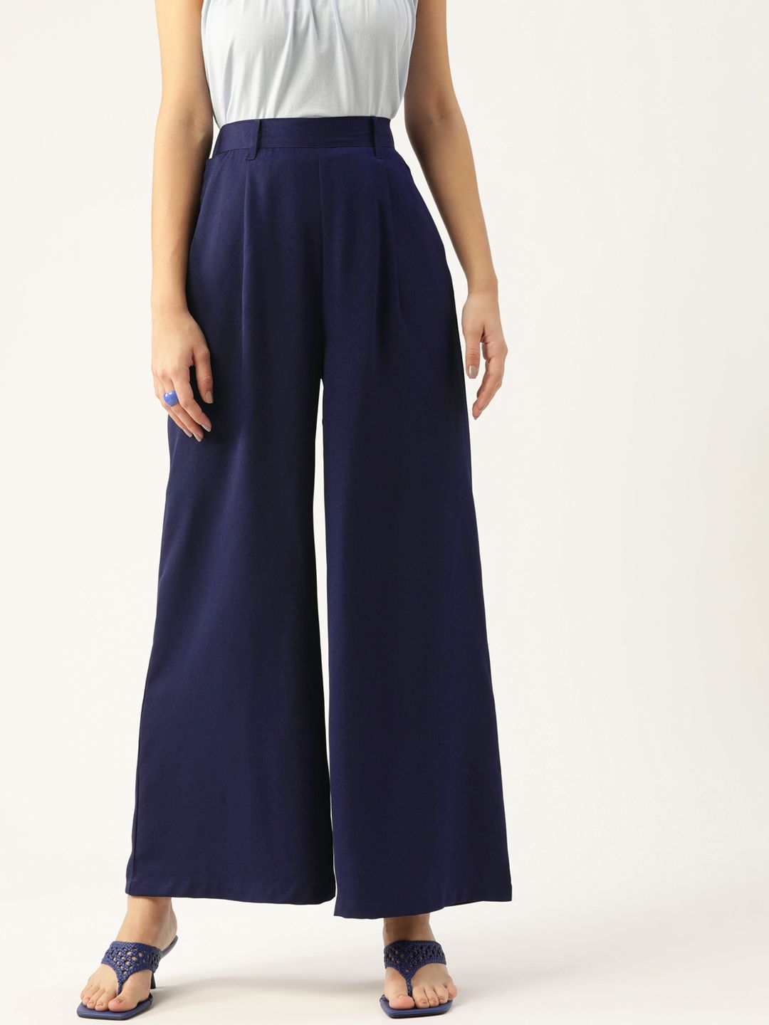 DressBerry Women Navy Blue High-Rise Solid Parallel Trousers Price in India