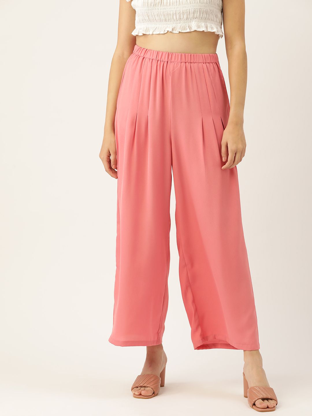 DressBerry Women Pink Flared Pleated Trousers Price in India