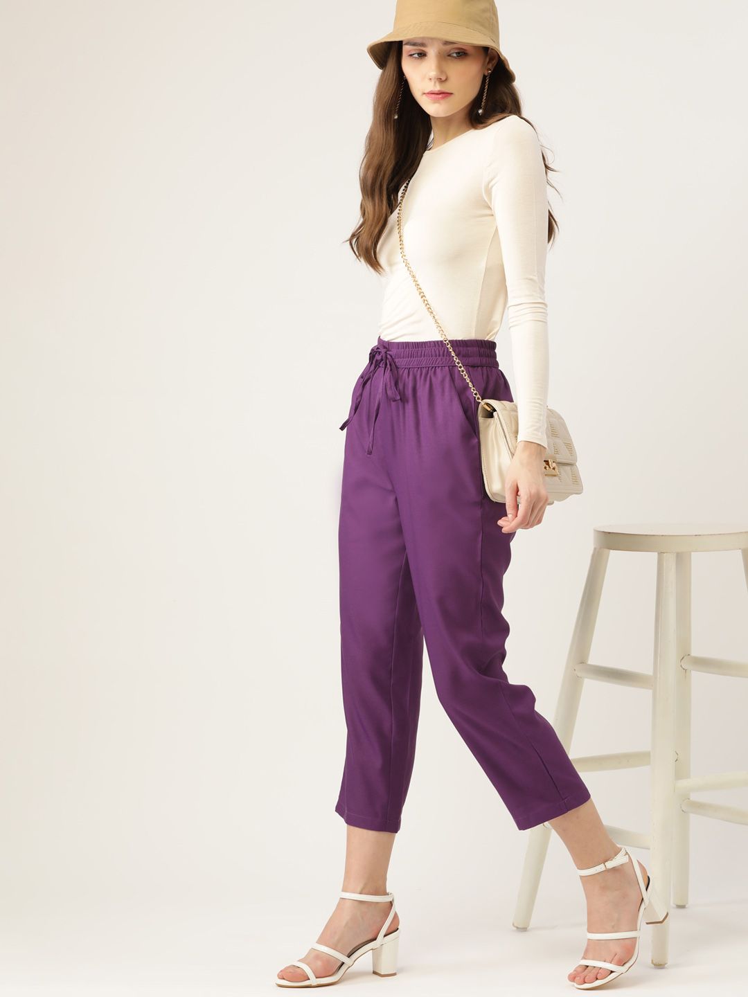 DressBerry Women Purple Regular Crop Trousers Price in India