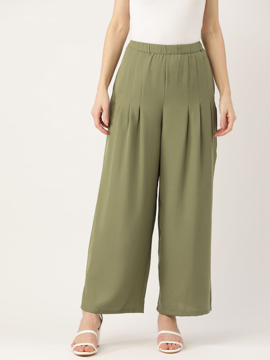 DressBerry Women Olive Green Solid Pleated Trousers Price in India