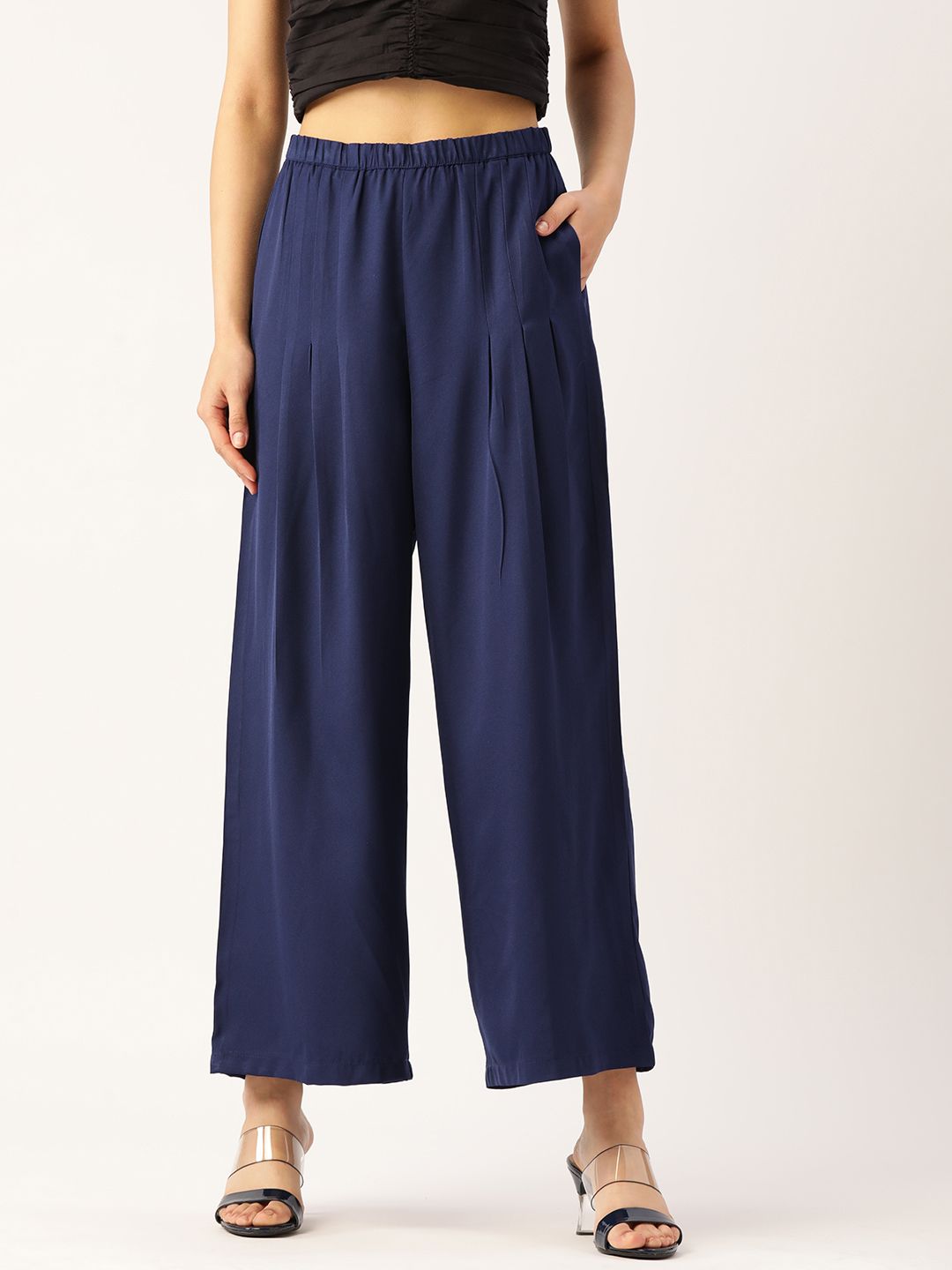 DressBerry Women Navy Blue Solid Pure Cotton Pleated Trousers Price in India
