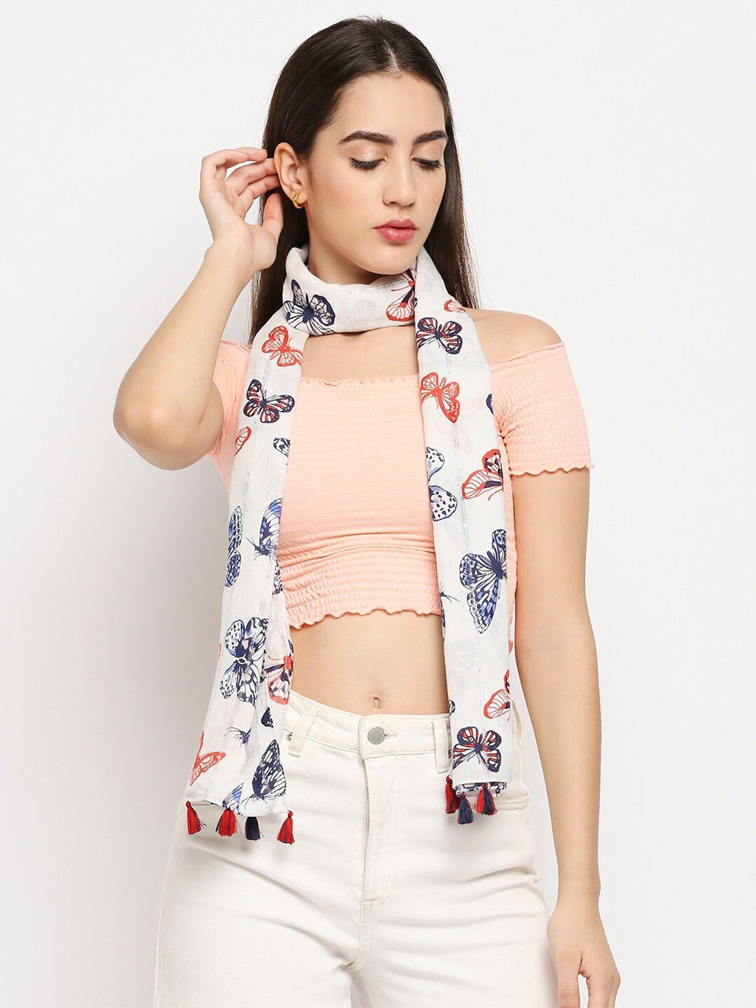 Get Wrapped Women White & Red Printed Scarf Price in India