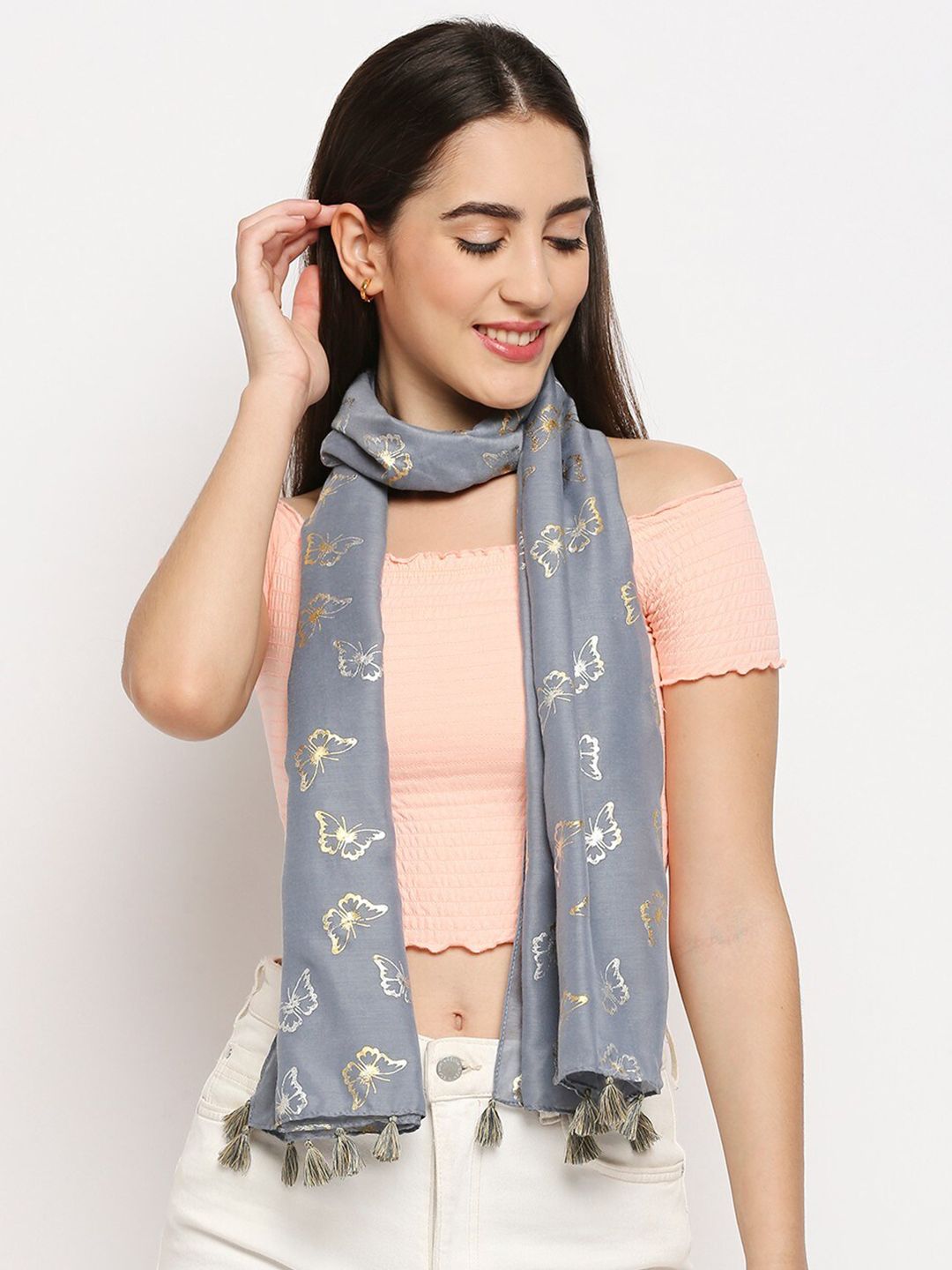 Get Wrapped Women Grey Foil Printed Scarf Price in India