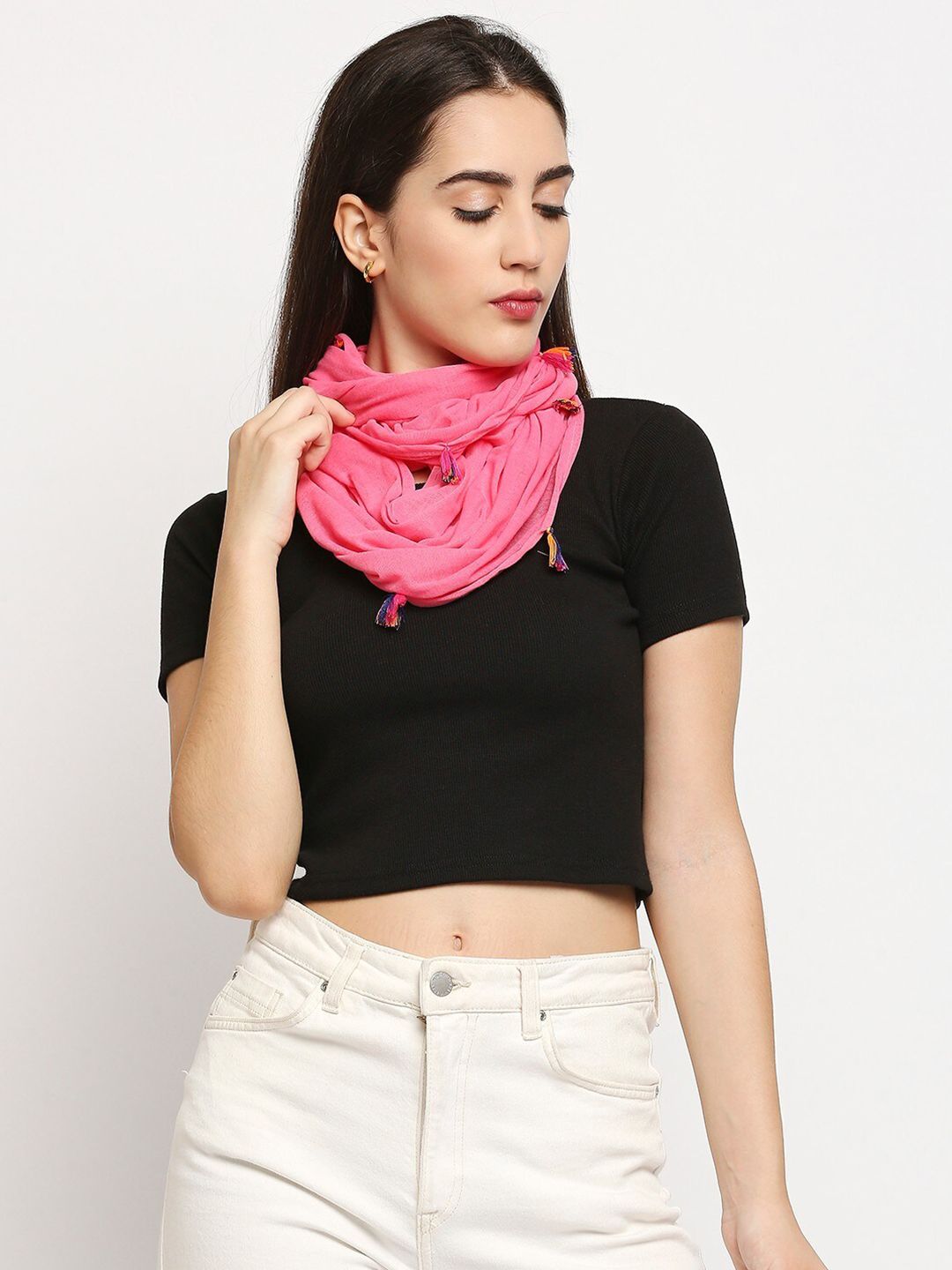 Get Wrapped Women Pink Solid Jersey Scarves Price in India