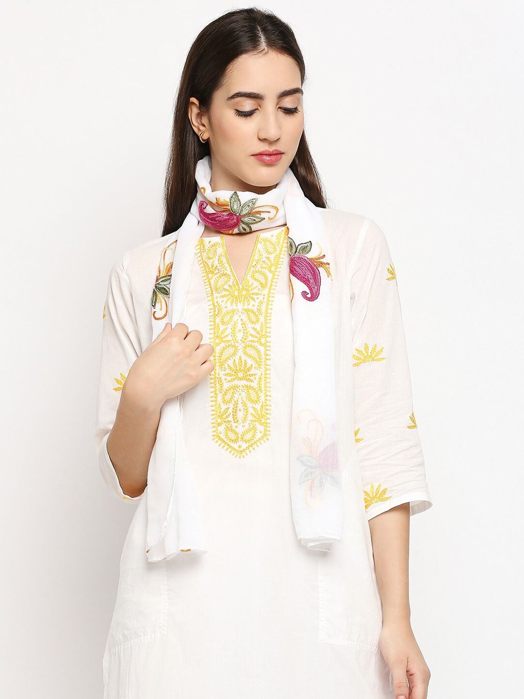 Get Wrapped Women White & Magenta Embroidered Scarf Price in India