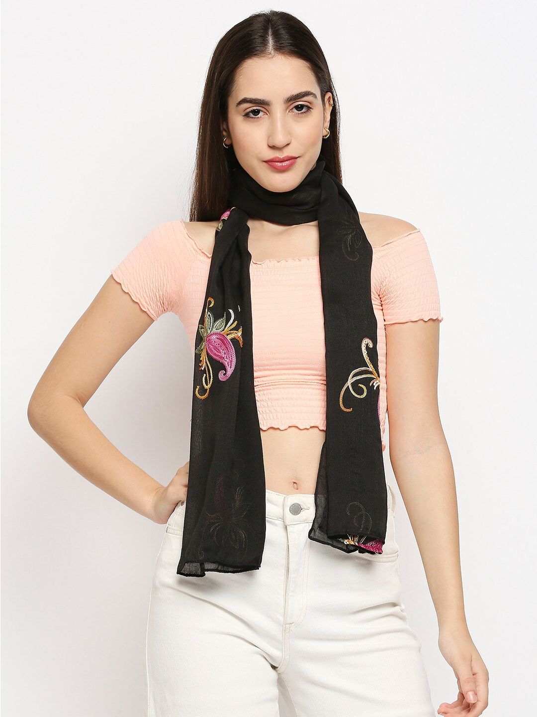 Get Wrapped Women Black & Pink Embroidered Scarf Price in India